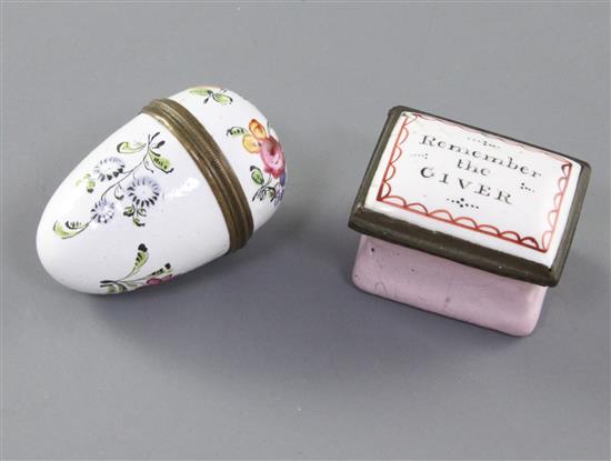 A late 18th century English enamel egg shaped nutmeg box and a small patch box, 2in. and 1.5in.